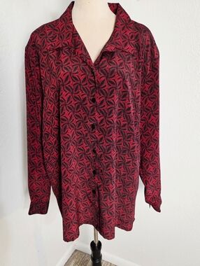 Donnkenny Red & Black Geometric Print Buttondown Longsleeve Blouse, Size 3X